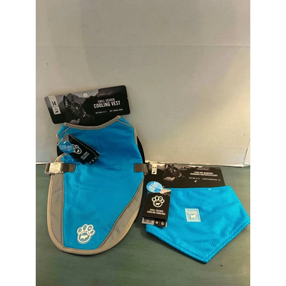 Canada‎ Pooch Chill Seeker Cooling Vest & Bandana Set 14 M Blue NWT Reflective